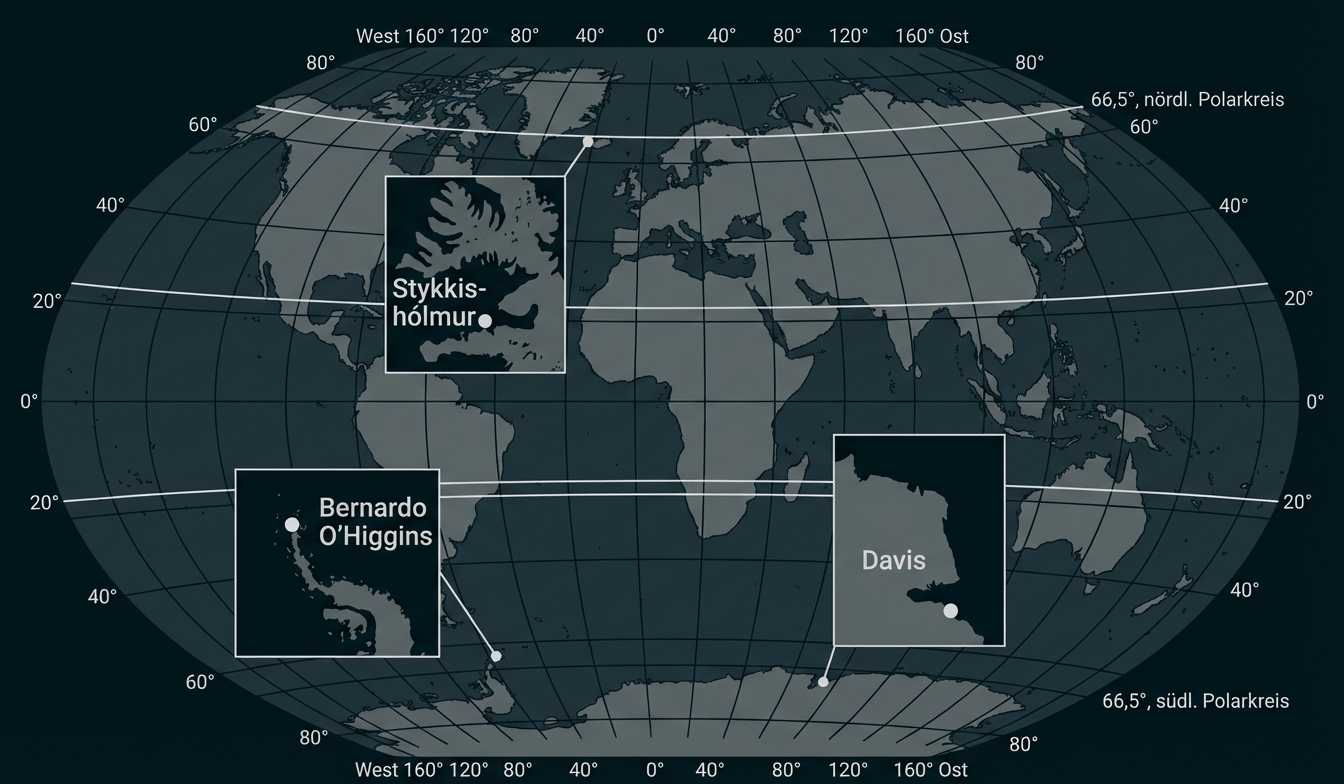 Weltkarte mit Gitternetz und drei markierten Orten (Stykkishólmur, Bernardo O'Higgins, Davis)